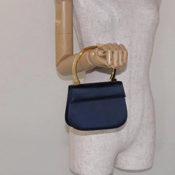 Salvatore Ferragamo Gancini Hand Bag Satin Navy Gold Auth 134768 - Picture 15 of 16